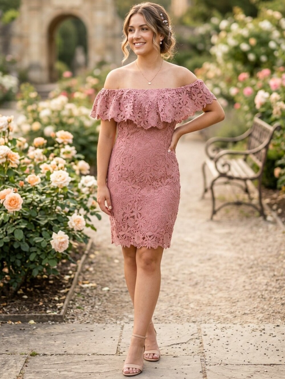GUESS Blush Pink Off-the-Shoulder Guipure Crochet Lace Mini Dress - M